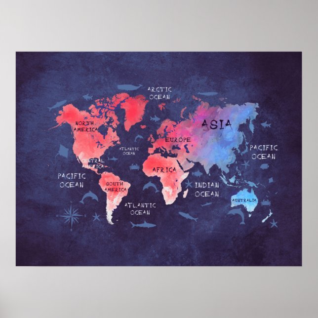 Weltkarte rotes blaues Poster (Vorne)