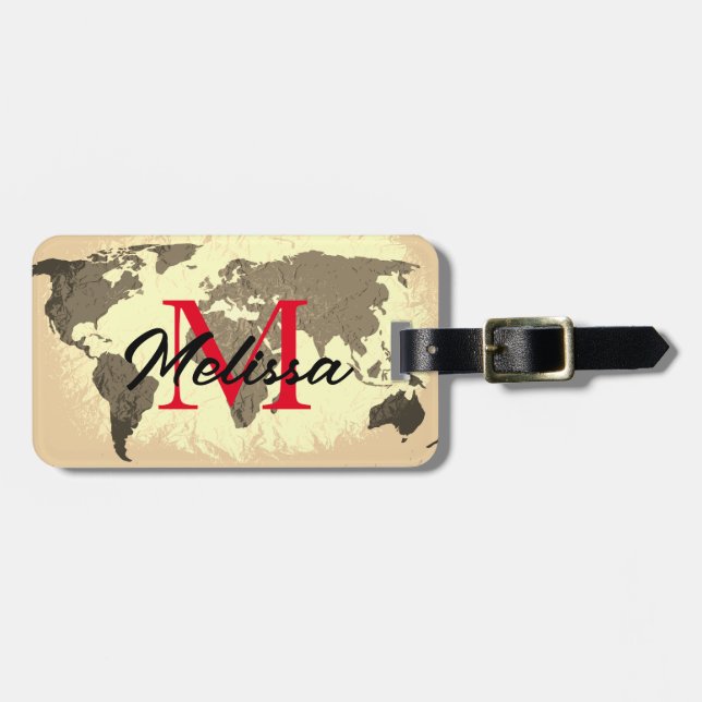 Weltkarte Vintage Monogramme Reisende Elegantes Ge Gepäckanhänger (Vorderseite horizontal)