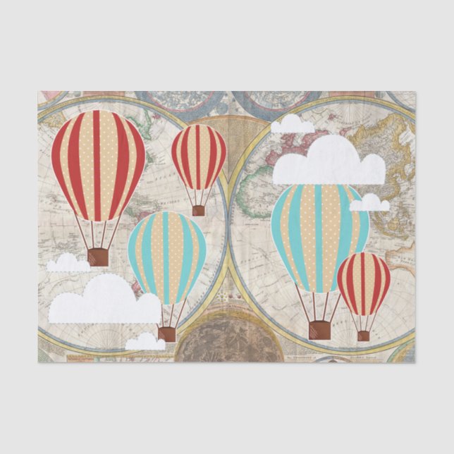 Weltkarte-Weltforscher-Heißluft-Ballon u. Wolken Seidenpapier (Vorderseite)