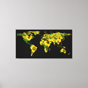 Weltkarten-Silhouette - Sonnenblumen Leinwanddruck