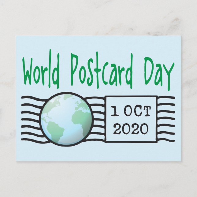 Weltpostkartentag mit Weltkarte und Postkarte (Vorderseite)