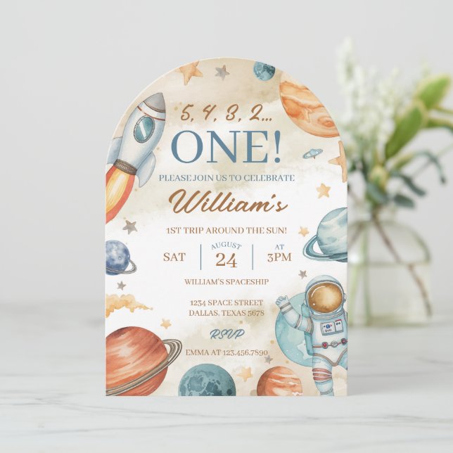 Weltraum 1. Geburtstag Einladung (Stehend Vorderseite)