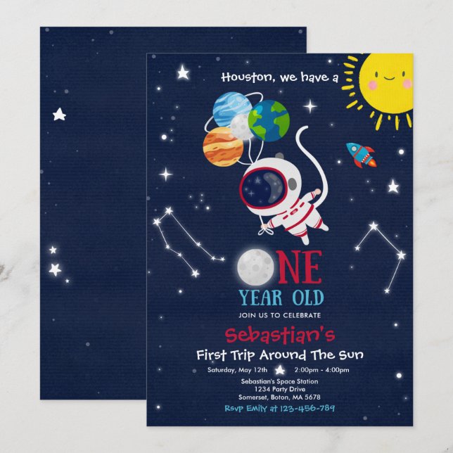 Weltraum 1. Geburtstag Party Astronautenrakete Einladung (Vorne/Hinten)