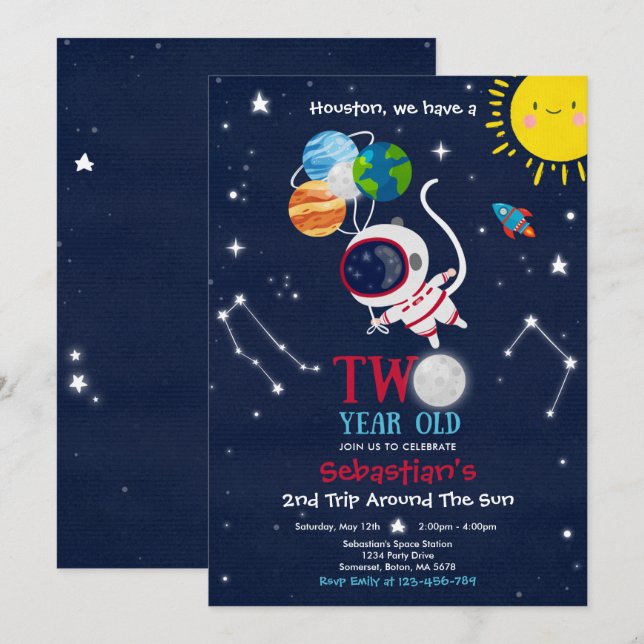 Weltraum 2. Geburtstag Party Astronautenrakete Einladung (Vorne/Hinten)
