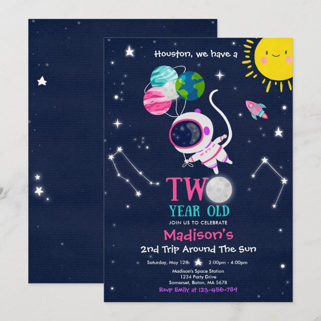Weltraum 2. Geburtstag Party Astronautenrakete Einladung (Vorne/Hinten)