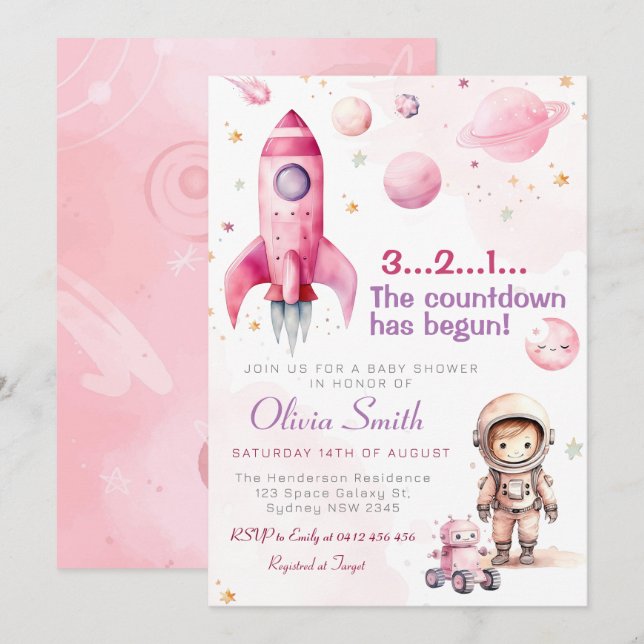 Weltraum-Astronaut-Raketenplanets-Girl-Kinderdusch Einladung (Vorne/Hinten)