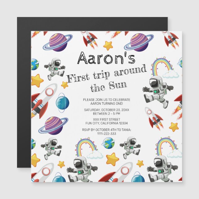 Weltraum-Astronautin Einladung zum ersten Geburtst (Vorne/Hinten)