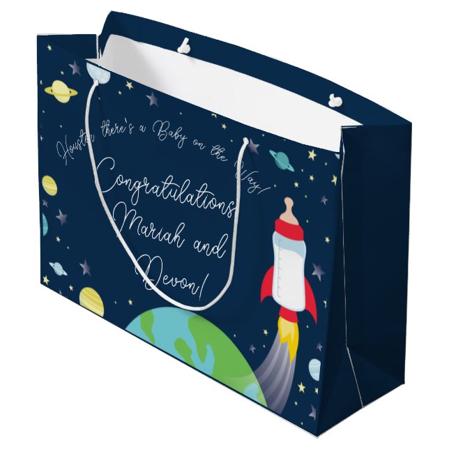 Weltraum-Babydusche Flasche Raumschiff Große Geschenktüte (Rückseite Schrägansicht)
