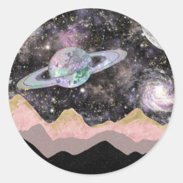 Weltraum Berge Gold Sternenhimmel Galaxy Planets Runder Aufkleber