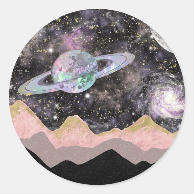 Weltraum Berge Gold Sternenhimmel Galaxy Planets Runder Aufkleber (Vorderseite)