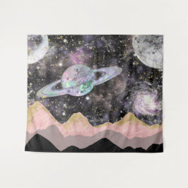 Weltraum Berge Gold Sternenhimmel Galaxy Planets Wandteppich