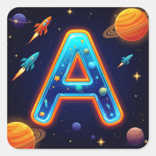 🌠 Weltraum Buchstabe A Galaxie Raketen Sterne Pla Quadratischer Aufkleber