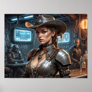 Weltraum-Cowboy-Mädchen mit Cyber-Rüstung Poster