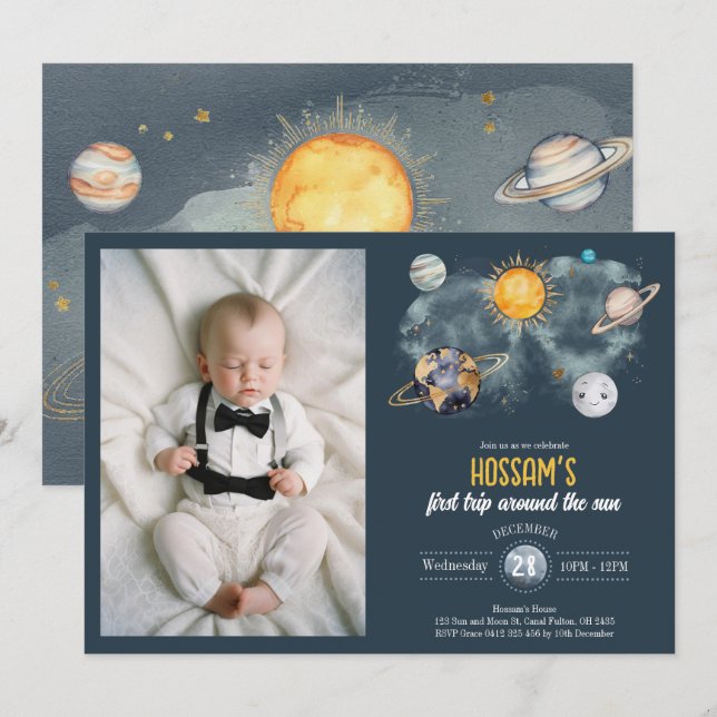 Weltraum Geburtstag Galaxy Sun Moon Sterne Planete Einladung (Vorne/Hinten)