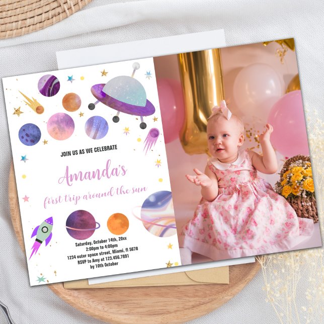 Weltraum Geburtstagseinladung mit Foto Einladung (Purple Outer Space Birthday Invitations with photo)