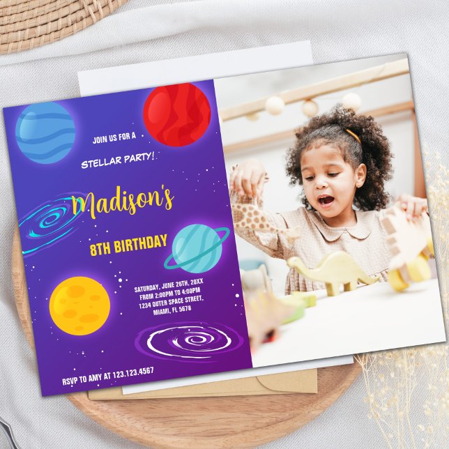 Weltraum Geburtstagseinladung mit Foto Einladung (Purple Outer Space Birthday Invitations with photo)