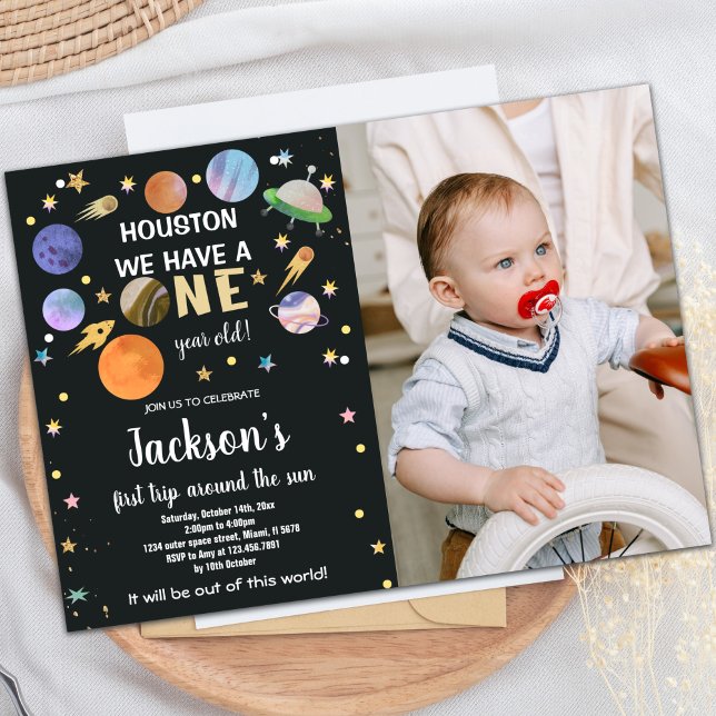 Weltraum Geburtstagseinladung mit Foto Einladung (Black Outer Space Birthday Invitations with photo)