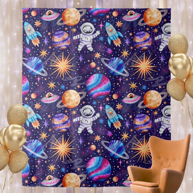 Weltraum mit Astronauten, Raketenschiff und Planet Wandteppich (Outer Space with Astronaut, Rocket Ship & Planets Tapestry)