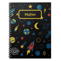 Weltraum-Notizbuch mit Raketen- und Galaxien-Gekri