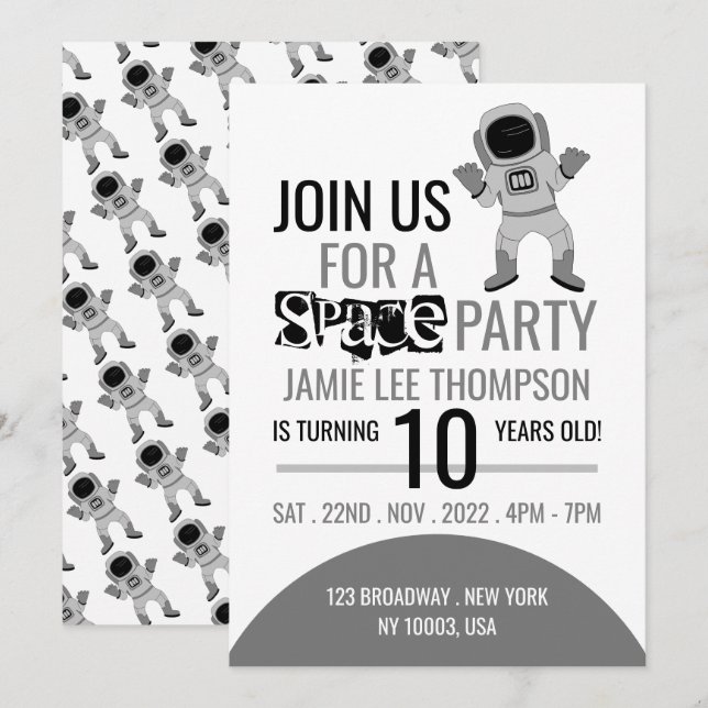 Weltraum Party Astronaut, Geburtstag Einladung (Vorne/Hinten)