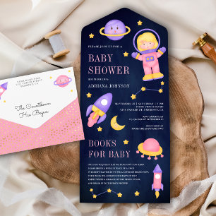 Weltraum-Pinkes-Mädchen-Astronautin-Marine-Baby-Pa All In One Einladung