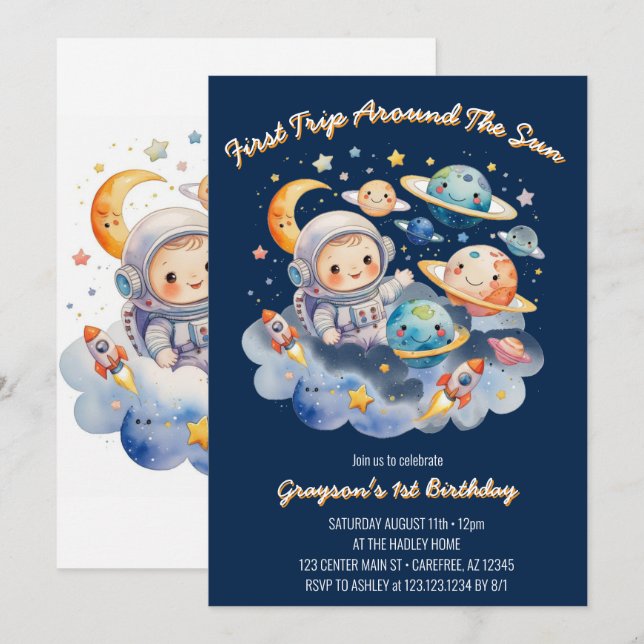 Weltraum Planeten Blue First Birthday Einladung (Vorne/Hinten)