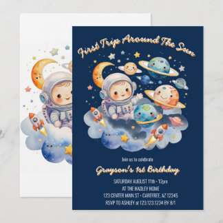 Weltraum Planeten Blue First Birthday Einladung