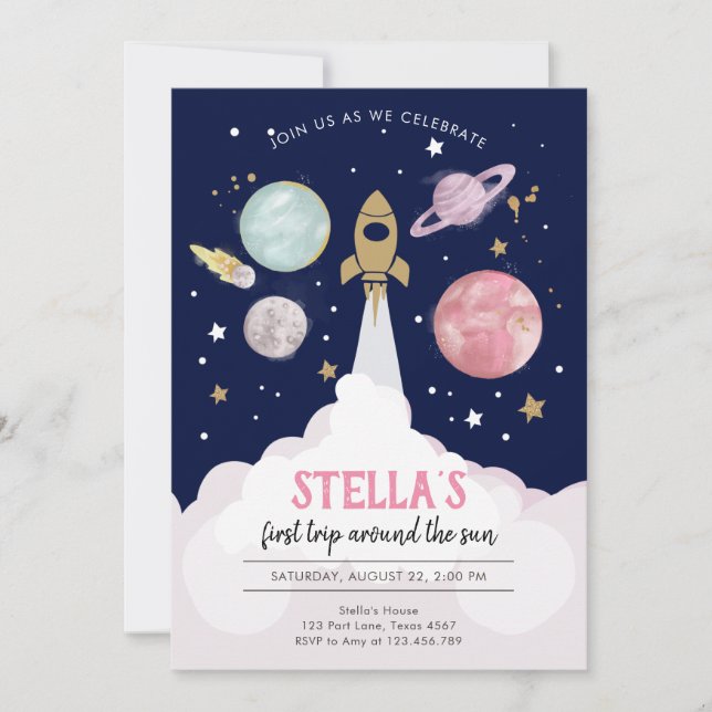 Weltraum-Planeten Girl Erster Geburtstag Einladung (Vorderseite)