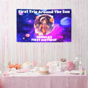Weltraum Planets Pink Girl Erster Geburtstag Banner