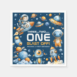 Weltraum-Raketen-Astronaut-Katze-Start zum 1. Gebu Serviette