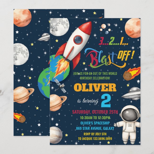 Weltraum-Raketenplaneten Astronaut Geburtstag Einladung (Vorne/Hinten)