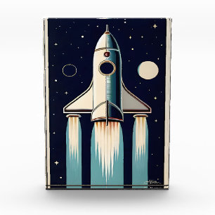 Weltraum-Retro-Raketenraumschiff der 50er Jahre Fotoblock