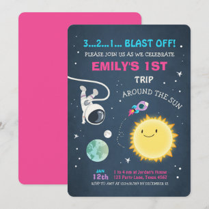 Weltraum-Rosa-Mädchen 1. Geburtstag Einladung