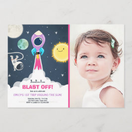 Weltraum-Rosa-Mädchen-1. Geburtstags-Einladung Einladung