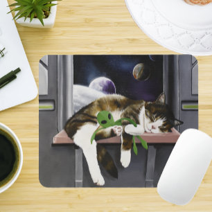 Weltraum-Schiff Tabby-Katze grüner Alien-Plüsch Sc Mousepad