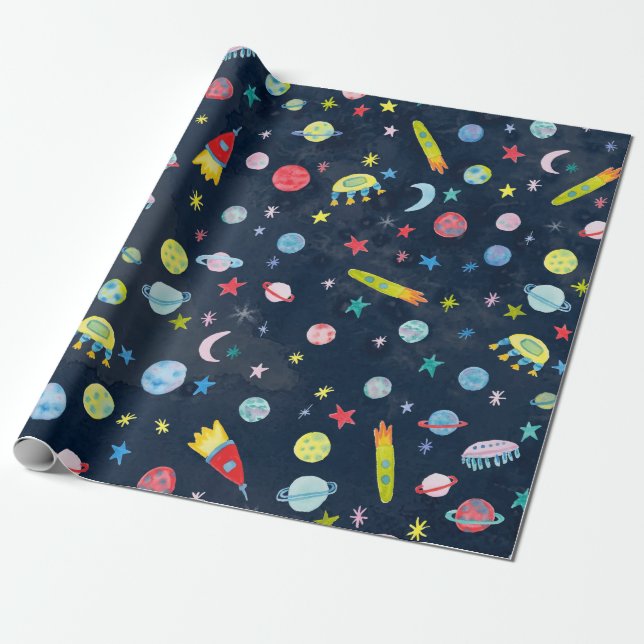 Weltraum UFO Planets Rocket Muster Wasserfarbe Geschenkpapier (Ungerollt)