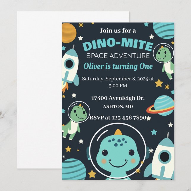 Weltraumdinosaurier Geburtstagseinladung Einladung (Vorne/Hinten)