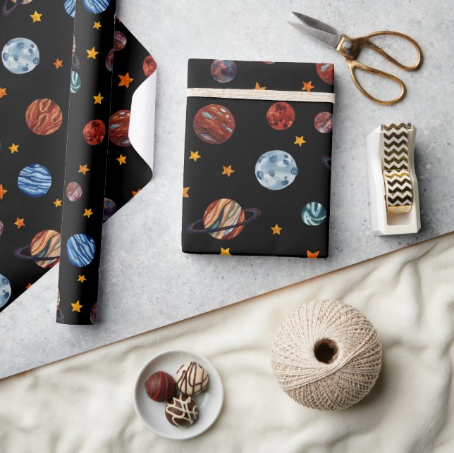 Weltraumfarbene Planeten und Sterne Geschenkpapier (Kunsthandwerk)