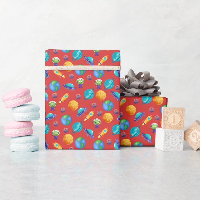 Weltraumforscher auf Rot Geschenkpapier (Babyparty)