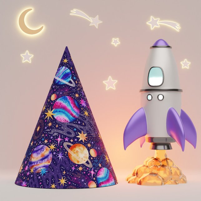 Weltraumgalaxie mit Planeten-Kometen und Sternen Partyhütchen (Outer Space Galaxy with Planets Comets and Stars Party Hat)