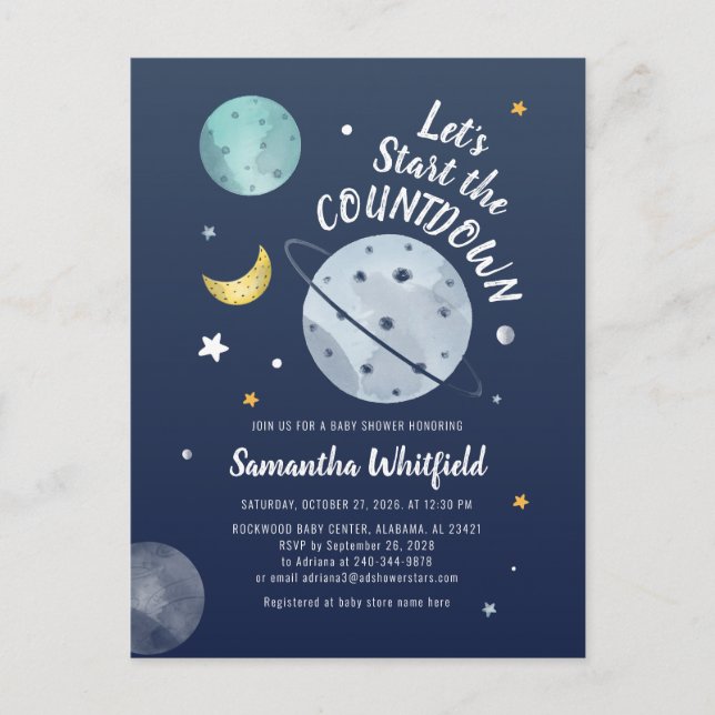 Weltraumgalaxy Baby Shooting Countdown Skript Einladungspostkarte (Vorderseite)