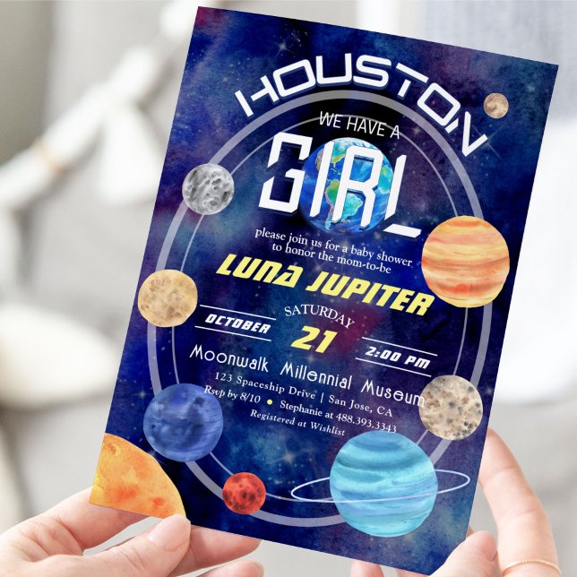 Weltraumhouston Solar System Baby Girl Dusche Einladung (Houston, We Have a Girl! Cute Solar System Space Themed Invitation.)