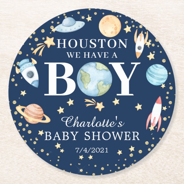 Weltraumjunge Babydusche Runder Pappuntersetzer (Vorderseite)