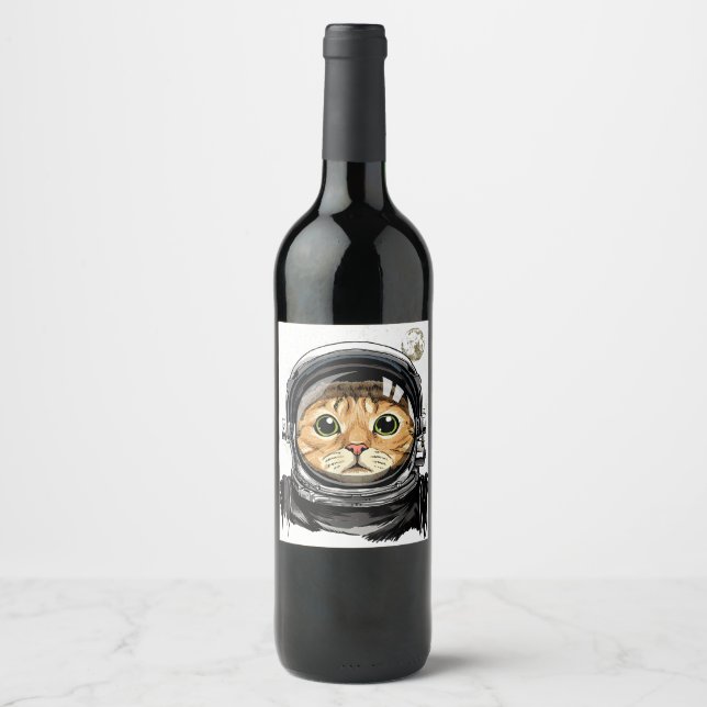 Weltraumkatze Kitty Astronaut Tierschaum Galaxie Weinetikett (Vorderseite)