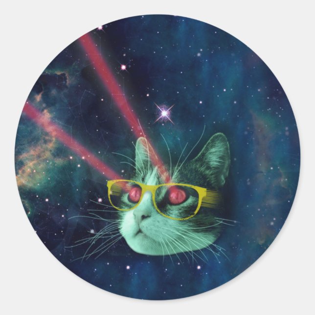 Weltraumkatze mit gelber Brille Runder Aufkleber (Vorderseite)