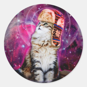 Weltraumkatze mit russischem Hut Runder Aufkleber