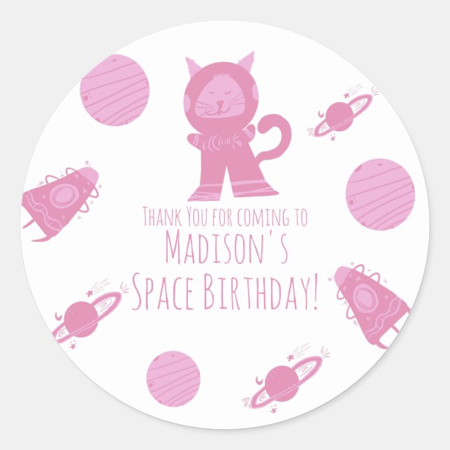 Weltraumkatze Pink Galaxy Geburtstag Runder Aufkleber (Vorderseite)