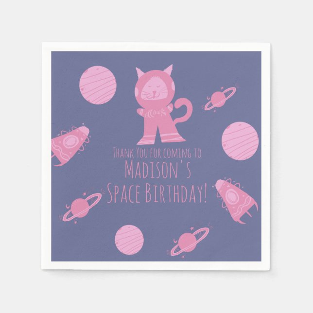 Weltraumkatze Pink Galaxy Geburtstag Serviette (Vorderseite)
