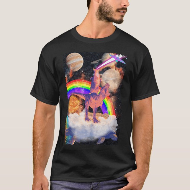 Weltraumkatze reiten Trex Turtle Planets Cosmic T-Shirt (Vorderseite)