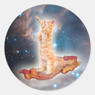 Weltraumkatze surfen auf dem Speck Runder Aufkleber
